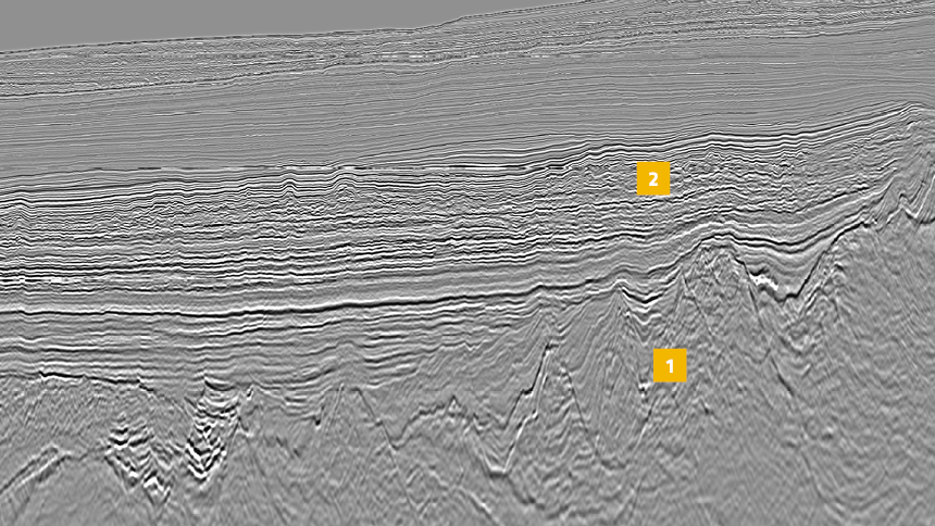 A final PSDM full-stack line from the NAM 2019 3D GeoStreamer survey offers excellent imaging of (1) deep structuration and basin fill (2) thick prognosed clastic fairway identified in potential structural and stratigraphic trapping configurations.