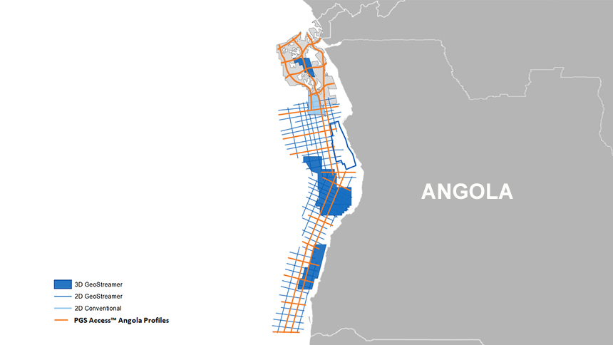 PGS data library coverage in Namibe basin, with PGS Access Angola profiles in orange