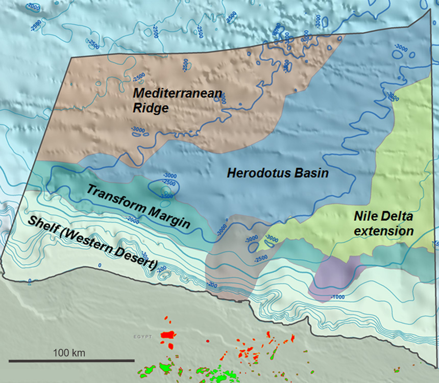 The offshore area has been subdivided into six offshore geological domains based on seismic interpretation.
