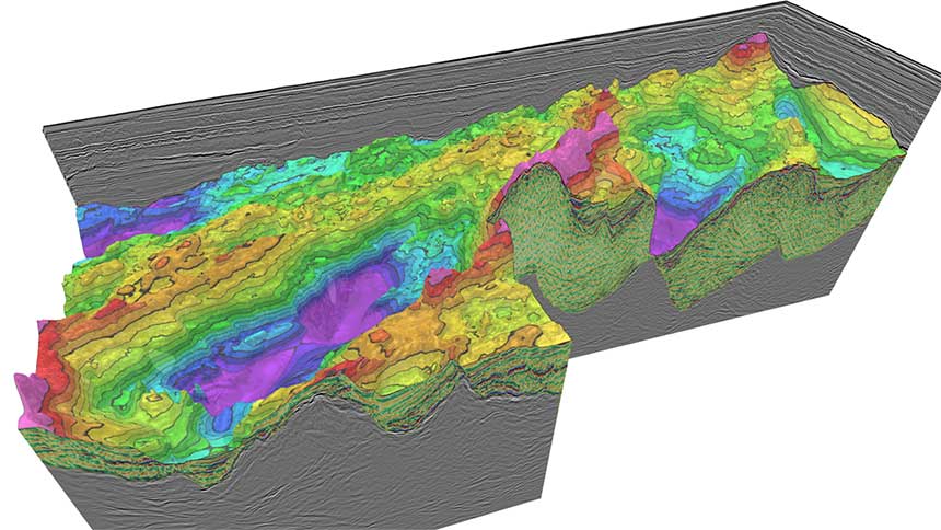 top Jurassic surface J145 is interpreted on the North Tablelands MC3D FastTrack PSTM data. Fullstack seismic is displayed in background, overlain for the Jurassic/Triassic interval by relative P-