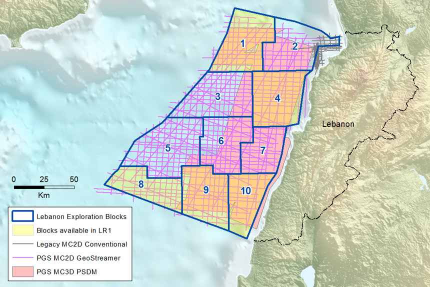 Exploration blocks and PGS seismic data coverage offshore Lebanon