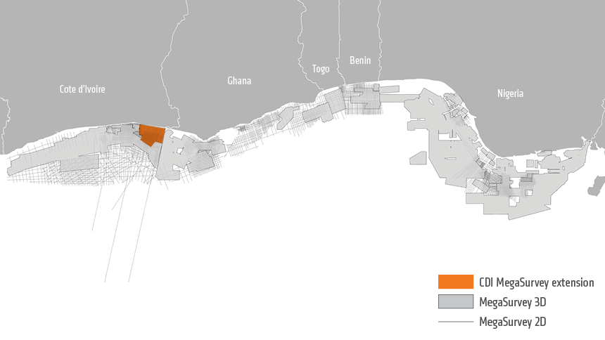 Additional CDI MegaSurvey data highlighted in orange results in continuous seismic data coverage across the entire Transform Margin, running from Côte d’Ivoire in the West to Nigeria in the East.