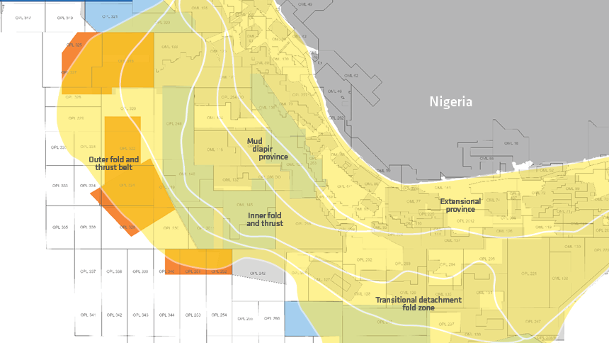 The new MegaSurveyPlus sits astride the outer fold and thrust belt and the transitional detachment fold zone and will give greater understanding of key structural domains of the Niger Delta.