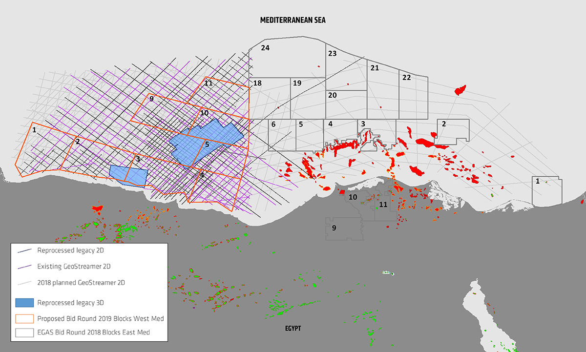 EGAS 2019 West Med bid round blocks and 2018 bid round blocks are shown together with existing and planned seismic data