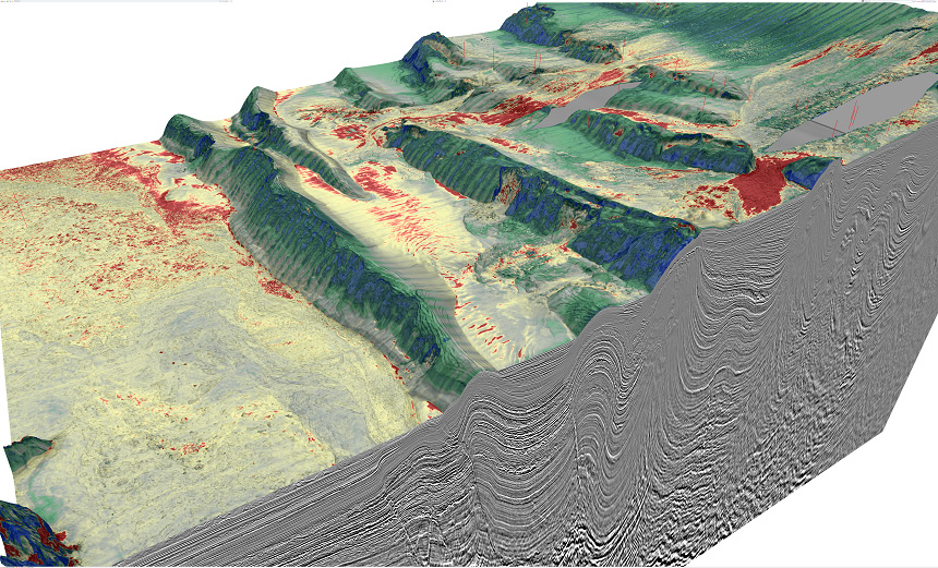 Pre-stack elastic inversion attribute draped over a Q-KPSDM image from complex geology