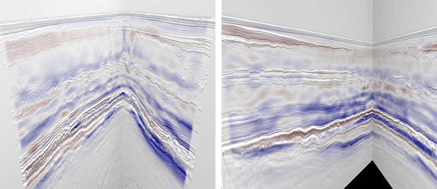 FWI model differences co-rendered on an inline-crossline intersection. Image courtesy of Siccar Point Energy Ltd, Chevron North Sea Ltd, INEOS, Shell UK and Suncor Energy