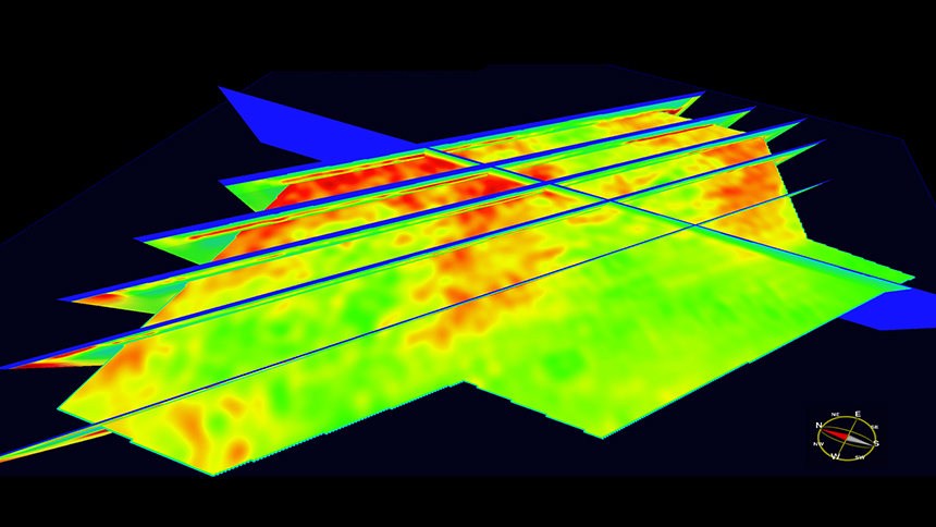 Depth slice showing unconstrained 3D inversion from HD3D EM acquisition in the Barents Sea Southeast, overlaid with 2.5D sections. The area shown is ~5 000 sq km.