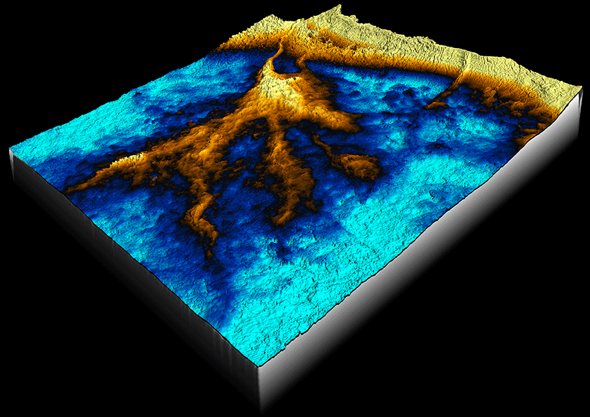 Frigg fan in the Viking Graben viewed from the northeast: the feeder channel and fan lobes are clearly defined enabling high confidence of the overall fan geometry.  This structural image is the first step in understanding where there may be any remaining hydrocarbon potential in this well-developed area.